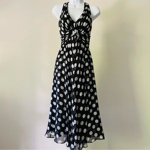 Silk Halter Cocktail / Sundress - Black with White Polka Dots - Sheer Lined